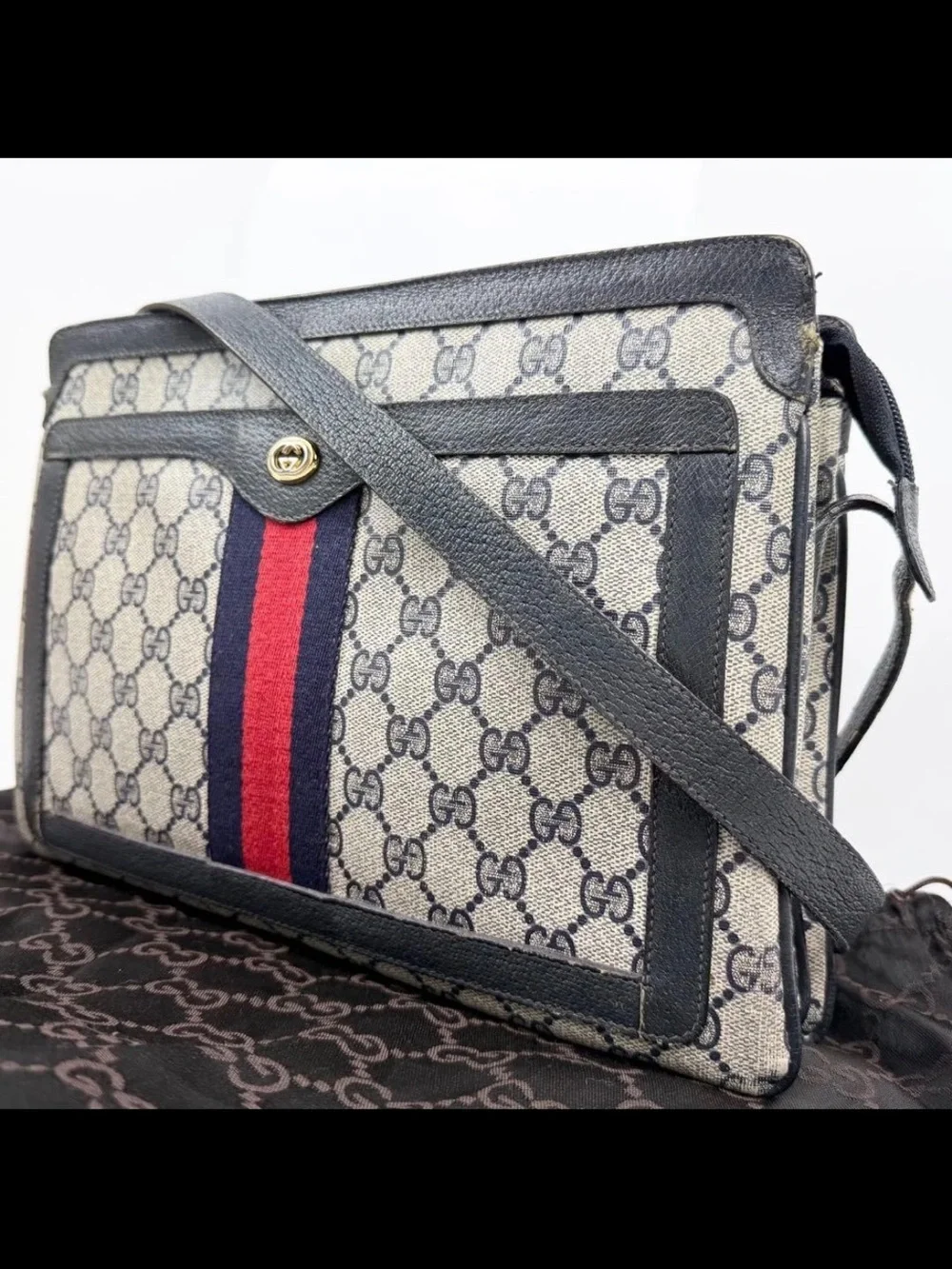 Gucci Beige GG Canvas Crossbody with Navy & Red Stripe